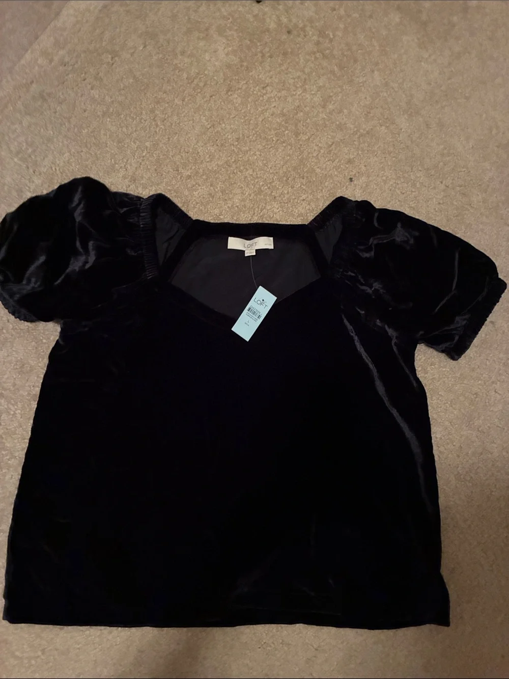 LOFT Black Velvet V-Neck Puff Sleeve Blouse